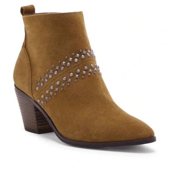 Lucky Brand Latinia Brown Suede Leather Almond Toe Studded Ankle Boots Booties 7 - Picture 1 of 16